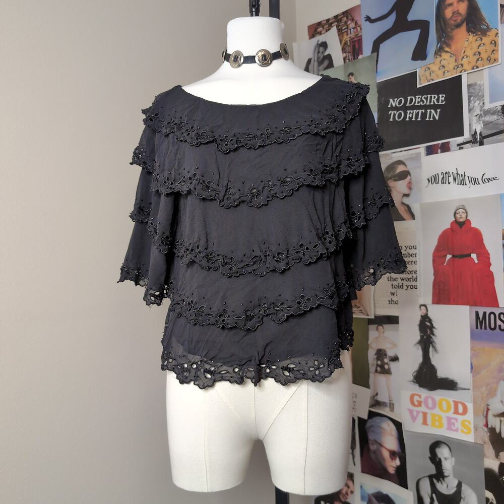 Black Ruffle Silk Y2k Whimsygoth Eyelet Blouse
